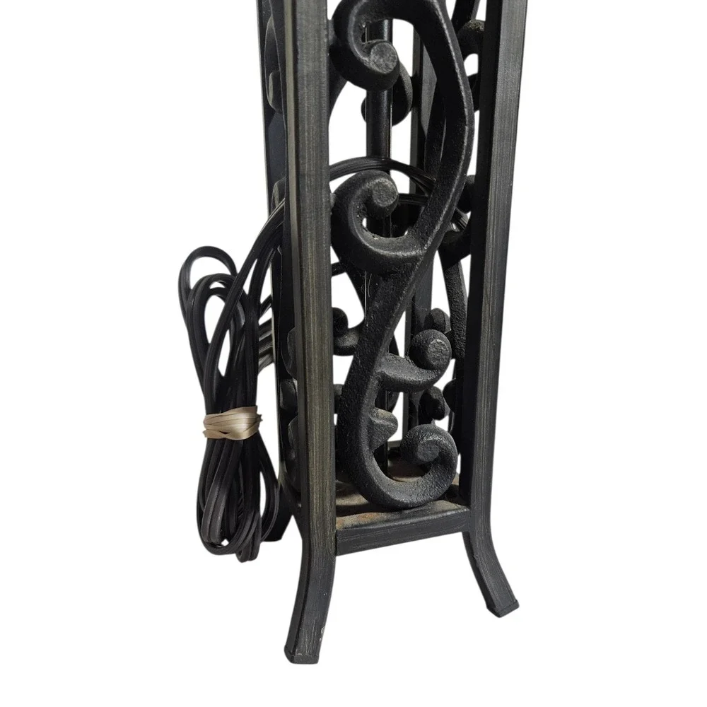 Vintage Black Wrought Iron Table Lamp Gothic Spanish Revival Scrollwork Design
